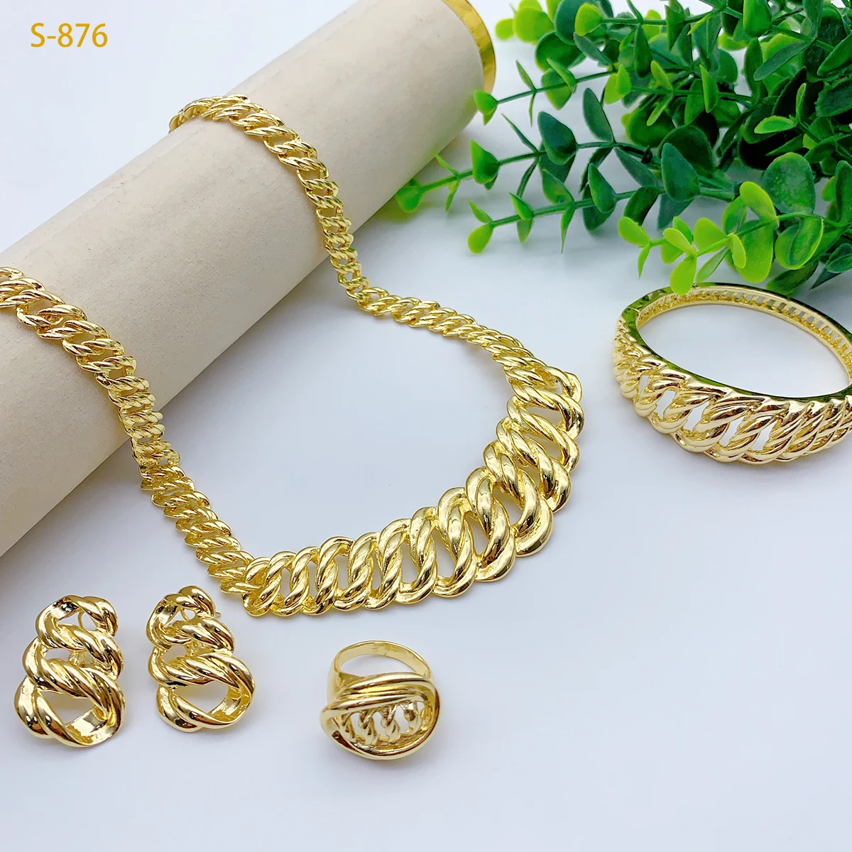 Luxury Dubai Ethiopian Chain Necklace And Earrings Sets For Women Indian Bridal 18k Gold Color Jewelry Set Wedding