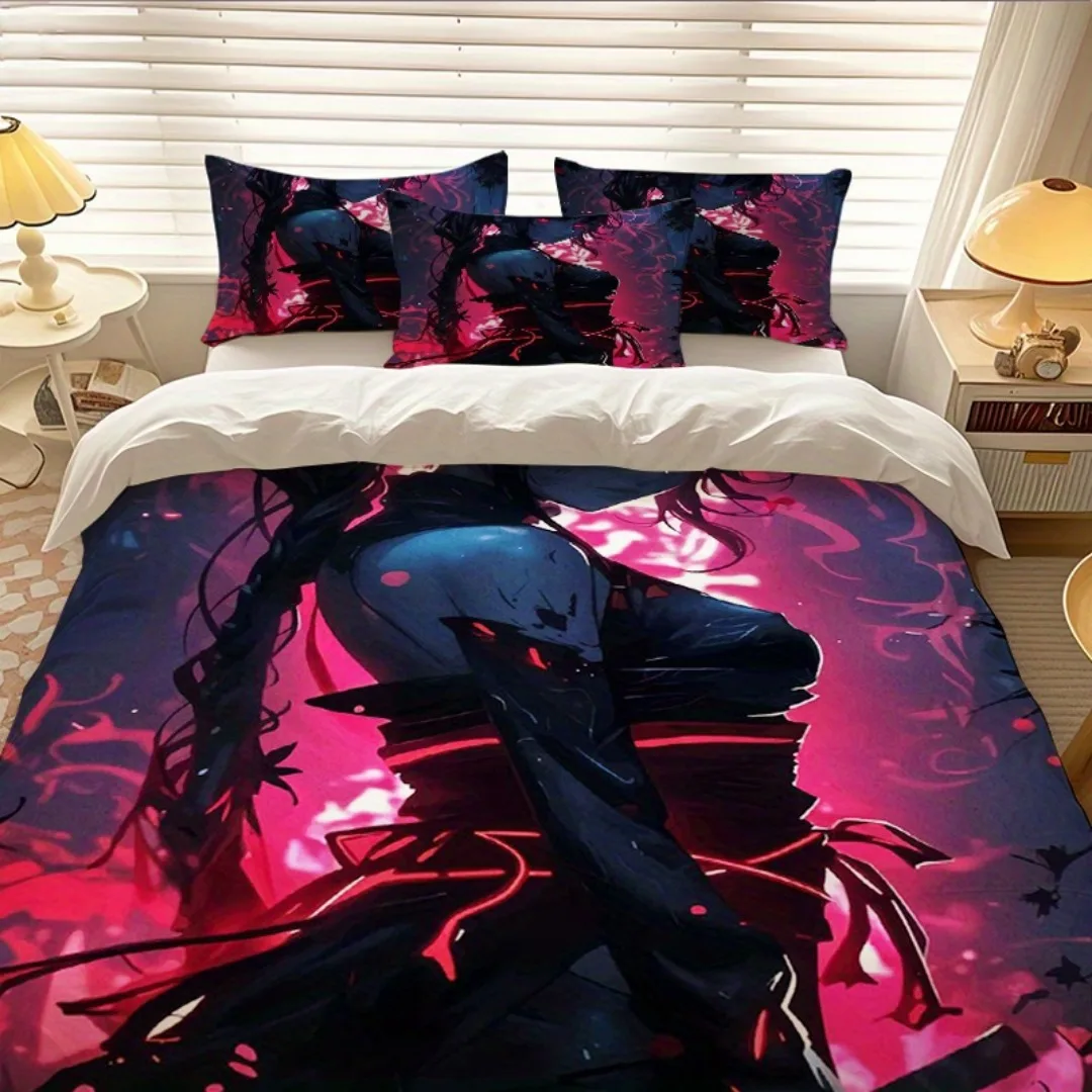 2/3pcs Dark Anime Girl Print Duvet Cover Set, Duvet Cover and Pillowcases Included - Perfect for Bedroom, Bedding 1 Duvet Cover