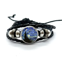 Classic Van Gogh Art Painting Series Bracelet Starry Night Sunflower Handmade Glass Leather Bracelets Men Women Gift