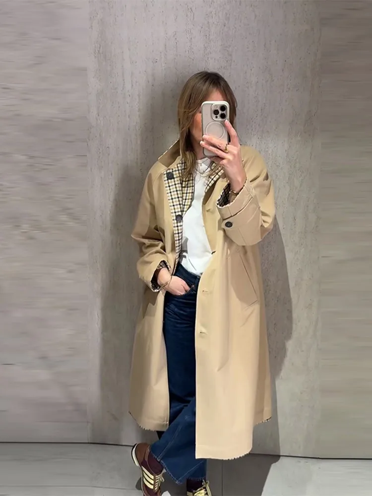 Casual Loose Long Plaid Coat Women Chic Full Sleeve Double Breasted Belt Lapel Coat Female 2026 Autumn Street Outwear Lady New