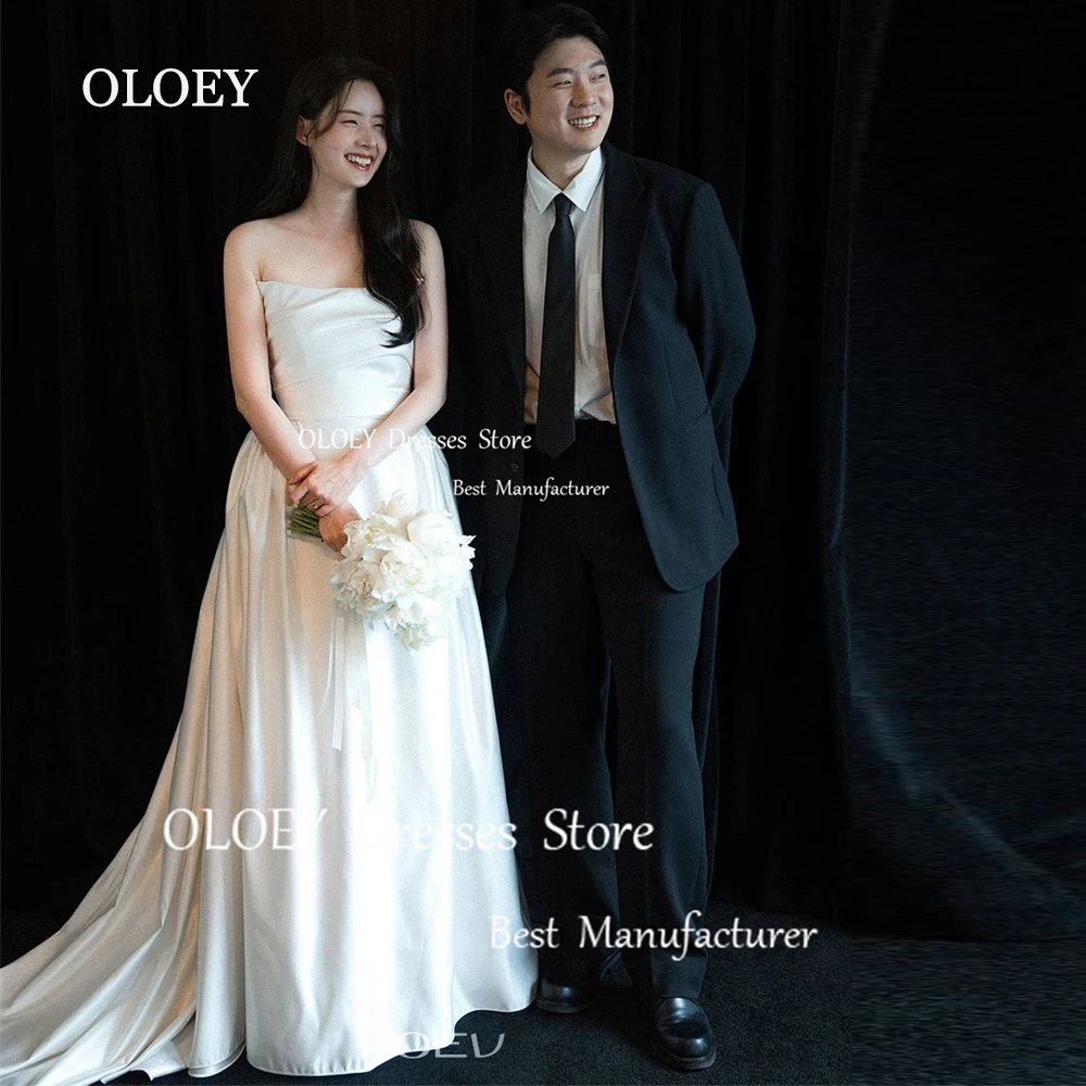 

OLOEY Simple Ivory Pleats Strapless Wedding Dress Korea Photoshoot Satin A Line Bridal Gown Sleeveless Floor Length Custom Made