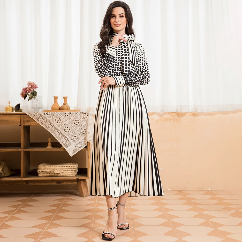 Sweet High collar Leopard Stripe Pleated Wrinkle Shirt sleeve Long Dresses