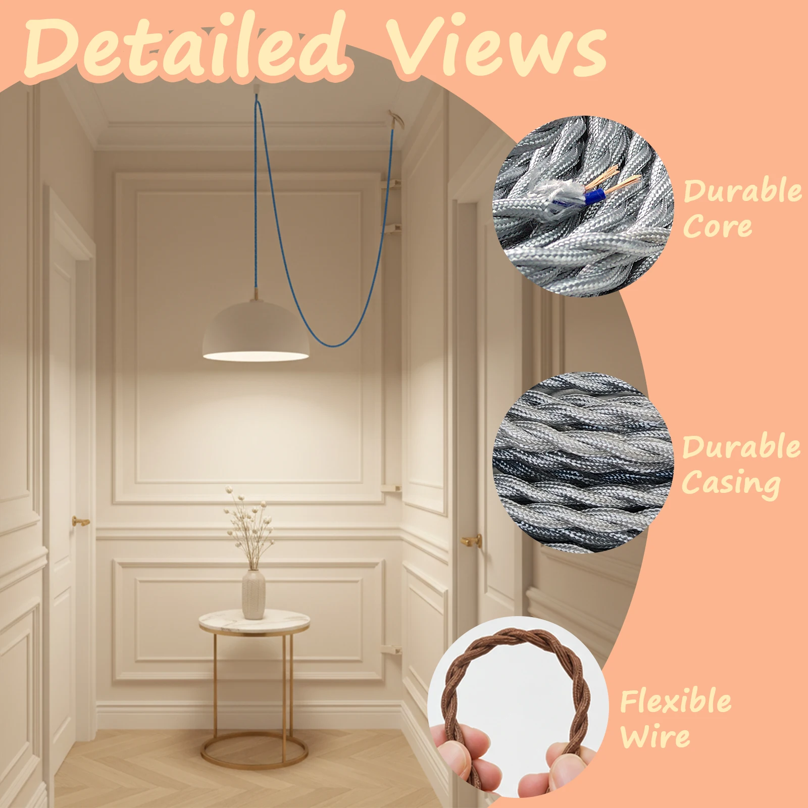 Vintage Nylon Twisted Braided Lamp Wire, Wear-resistant Decorative Electrical Cord for Geometric Wall Light Layout DIY Project