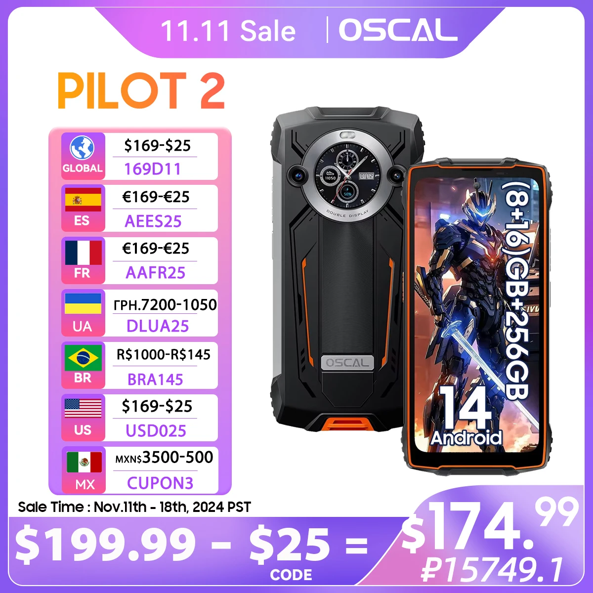 OSCAL PILOT 2 Rugged Smartphone Helio G99 6.5'' 120Hz 8GB 256GB Mobile Phone with Dual LED Flashlights 8800mAh