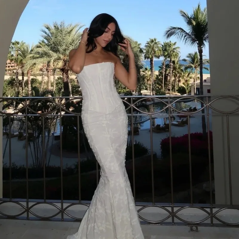 

Sexy Lace Elegant Strapless Bodycon Dress Sets Sexy Backless Long Formal Matching Sets White 2 Pieces Dress Set