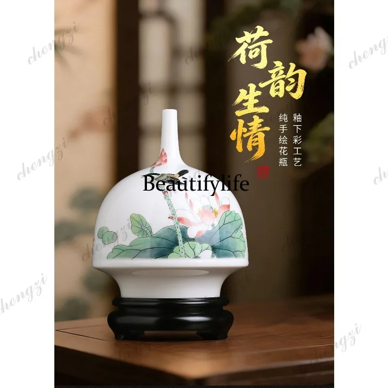 Hand-painted underglaze color lotus ceramic vase ornament collection gift living room decorative ornament vase
