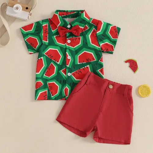 1-4Y Kids Boys Summer Outfits Watermelon Pattern Button Down Turn Down Collar Short Sleeve Shirt with Shorts 2 Pcs Boys Set - Image 5
