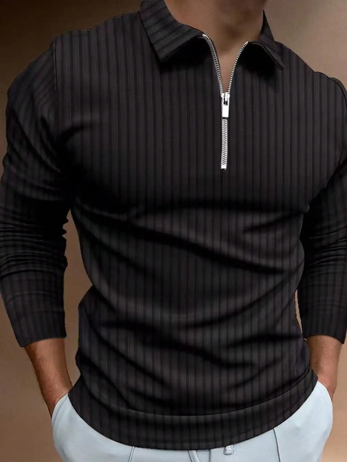 

Men's Black Striped Long Sleeve Zip-Up Casual Polo Shirt for Fall