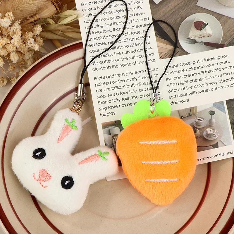 Kawaii Rabbit Carrot Phone Lanyard Stuffed Animal Doll Pendant Phone Chain For Girls Cute Plush Doll Phone Strap Keychain