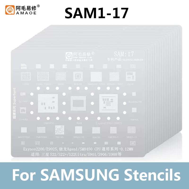 AMAOE SAM 1-18 BGA Reballing Stencil Kits For SAMSUNG S8 S7 S6 S22 Ultra NOTE10 A53 A536 J5 J4 J3 Tin Planting Steel Mesh Tools