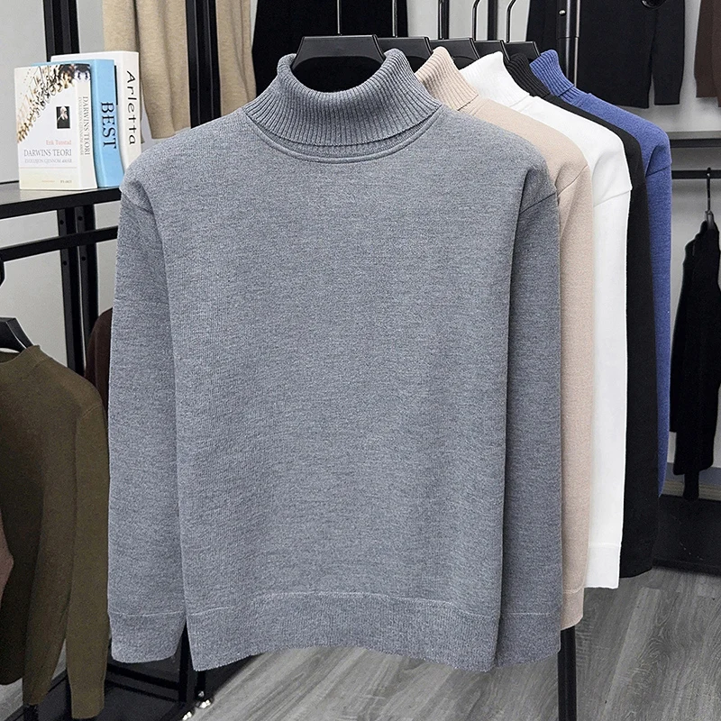 Men's Solid Color Wool Sweater with Winter High Neck and Thick Cashmere Sweater Men's Knitted Cashmere Base Sweater Top