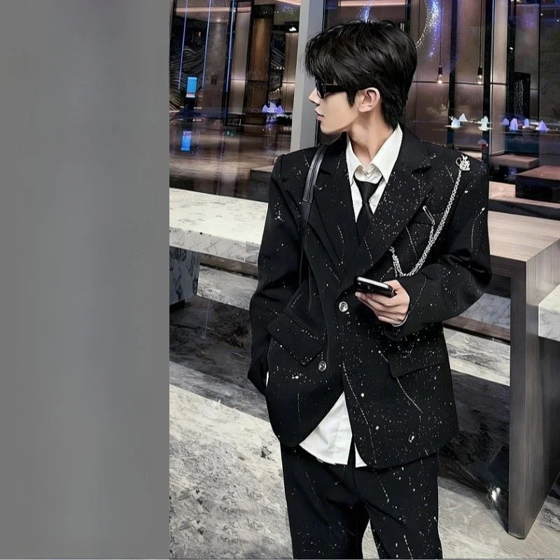 

Мужской костюм-тройка с дизайном «Черная звездная цепь» для сценических выступлений, модный, молодежный, из полиэфирного волокна, стандартный крой