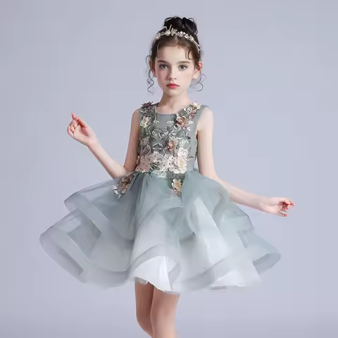 Kids Elegant Pearl Cake Princess Dress Girls Dresses For Wedding Evening Party Embroidery Flower Girl Dress Baby Girl Clothes