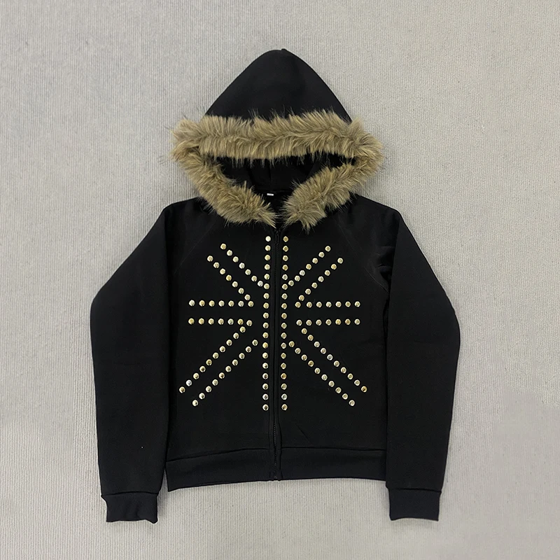 Autumn new retro rice shaped rivet Autumn new retro rice shapfur collar cardigan hooded sweatshirt loose casual jacket for women