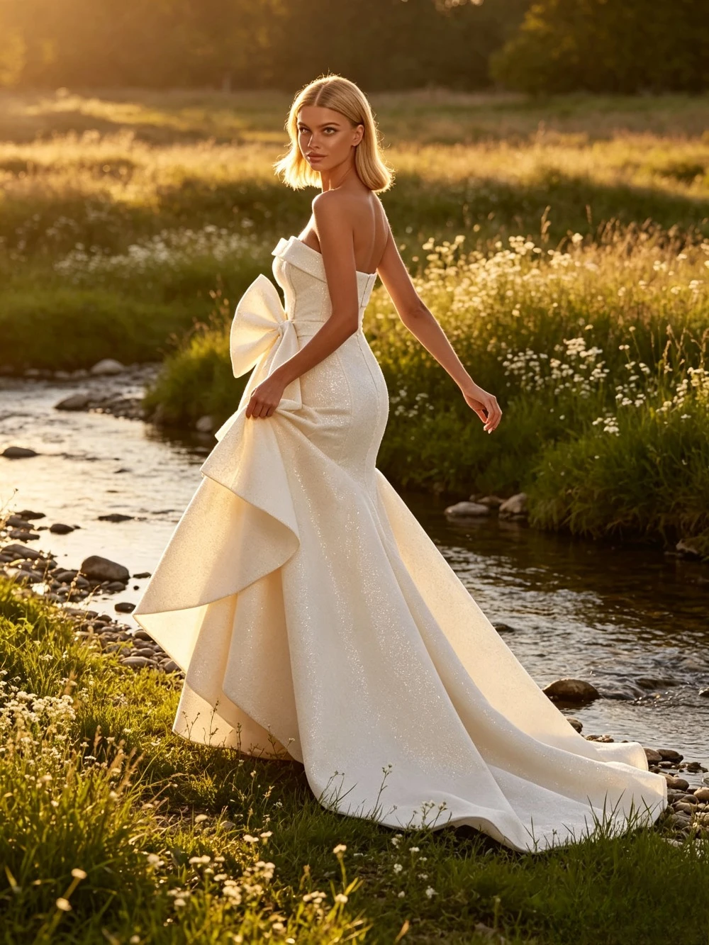 Customized Strapless Sequin Mermaid Wedding Dress Big Bow Satin Bridal Gown Sweep Train Luxury Sparkle Bride Dress for Ceremony