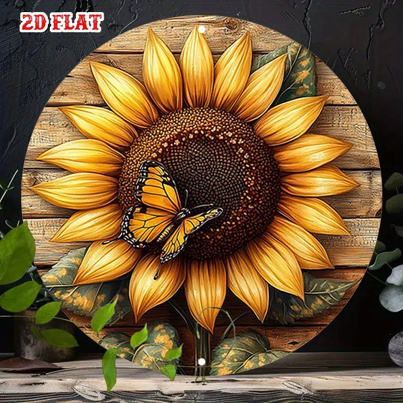2D Flat Round Sign Featuring a Sunflower Design, Showcasing Natural Beauty with Butterfly Details. This Rustic Metal Wall Art