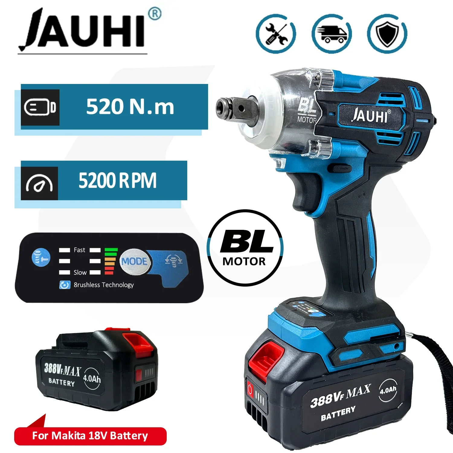 JAUHI 520N.m Cordless Electric Impact Wrench Brushless Wrench 5200rpm 1/2 inch Screwdriver Makita 18V Battery Power Tools