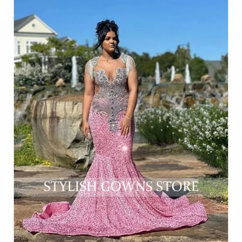 Gorgeous Diamond Mermaid Prom Ball Gowns Elegant Inlaid Sequins Crystal Tassel Applique Customized