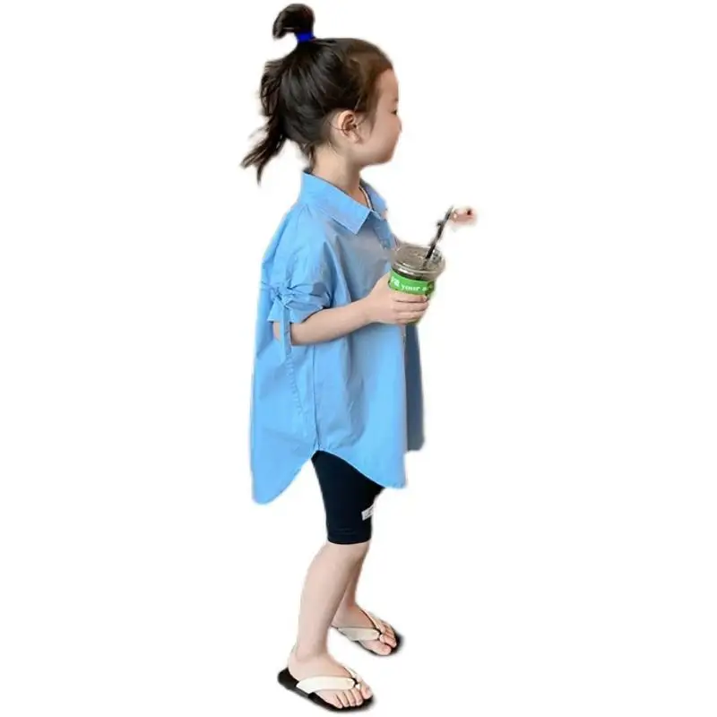 Korean Children\'s Clothing Children\'s Shirt 2023 Summer New Girls Casual Thin Shirt Baby Loose-Fitting Western Style Top