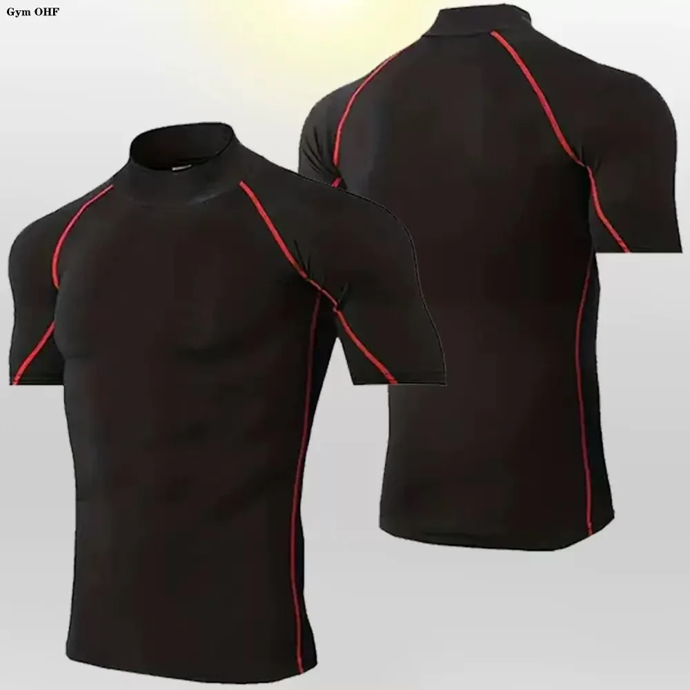new summer men's fitness running training breathable fast drying tight fitting T-shirt high neck can