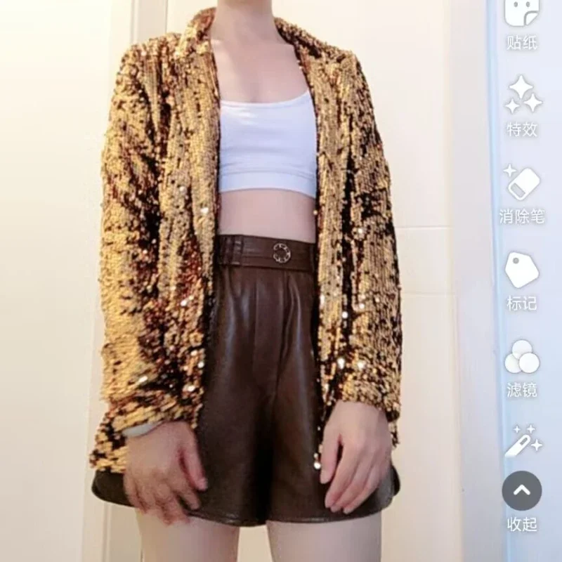 

Customized Sequin Shinny Shirts Jacket Womens Casual Loose Chic Cardigan Blazer Stage Fashion Trendy Party Nightclub Costume
