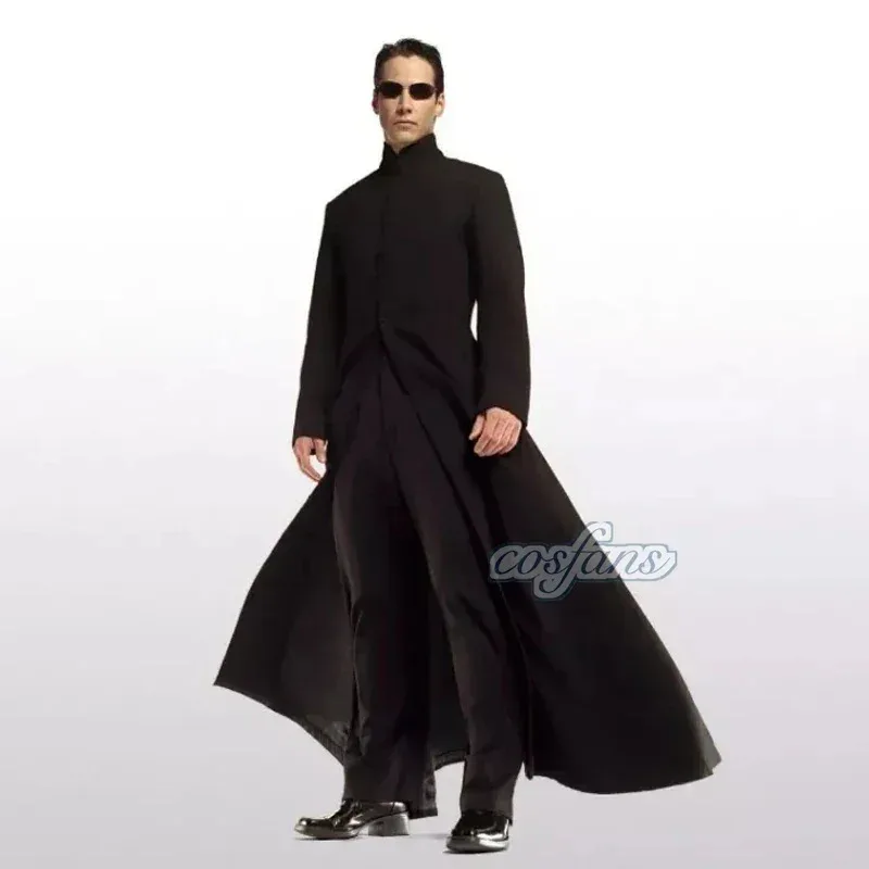 Disfraz de cosplay Matrix personalizado, gabardina neo negra, disfraces de fiesta de Halloween para hombres, accesorios de utilería de juego cos