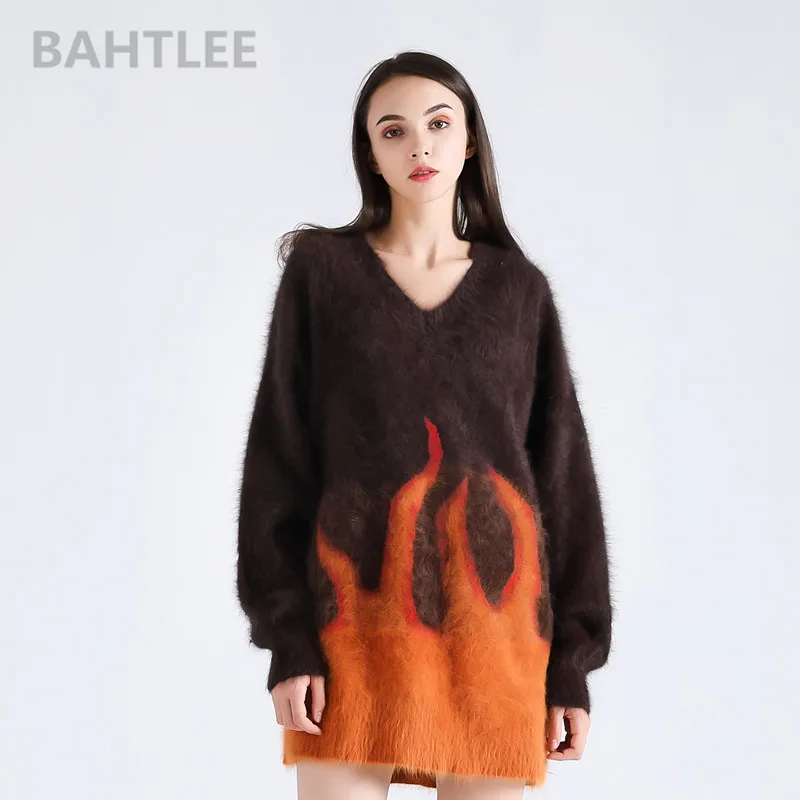 BAHTLEE-Women's Angora Knitted Pullovers, Sweater, V-Neck, Jacquard Process, Keep Warm, Loose, Winter, Plus Size