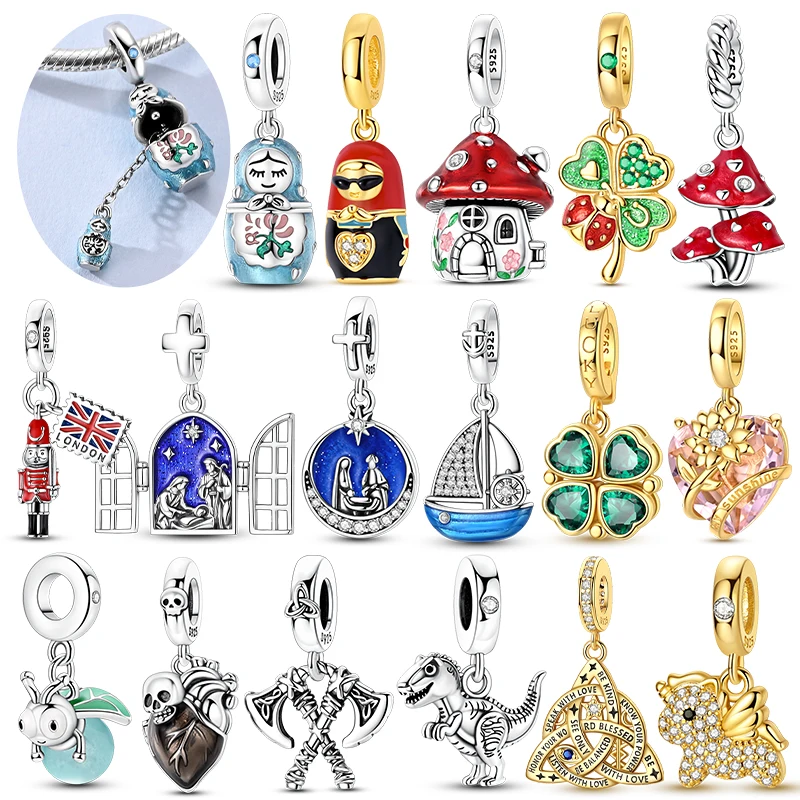 

New Charms Pendant Original 925 Sterling Silver Heart Nesting Doll Cat Four-leaf Clover Charm Fit Bangle Bracelet Women Jewelry