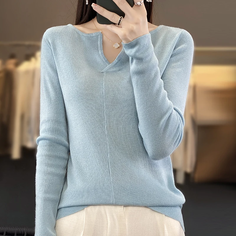 ผู้หญิง 100% Merino ขนสัตว์นุ่มเสื้อกันหนาวครึ่งเปิดคอ Solid Pullover ฤดูใบไม้ร่วงฤดูหนาวหญิง Slim Casual ถัก Cashmere Basis Top