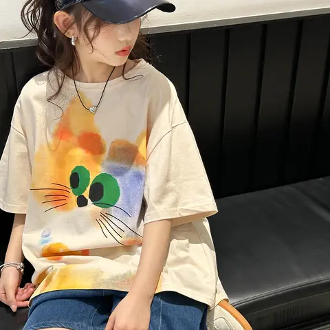 여아용 반팔 티셔츠, 서구화 만화 상의, 한국 패션, 큰 어린이 여름 스타일, 2,025 신상