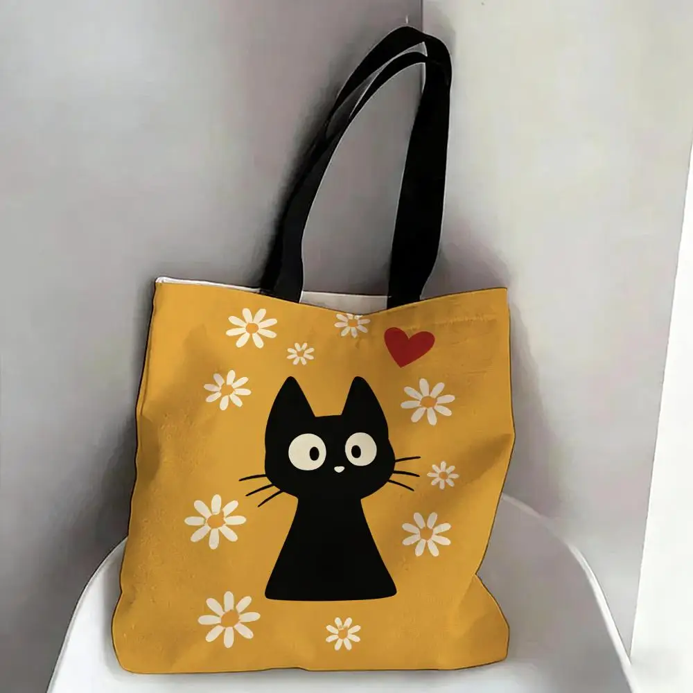 Cute Confused Cat Storage Bags Canvas Double-Sided Print Fashion Shoulder Tote Shopping Bag Gift Eco Handbags