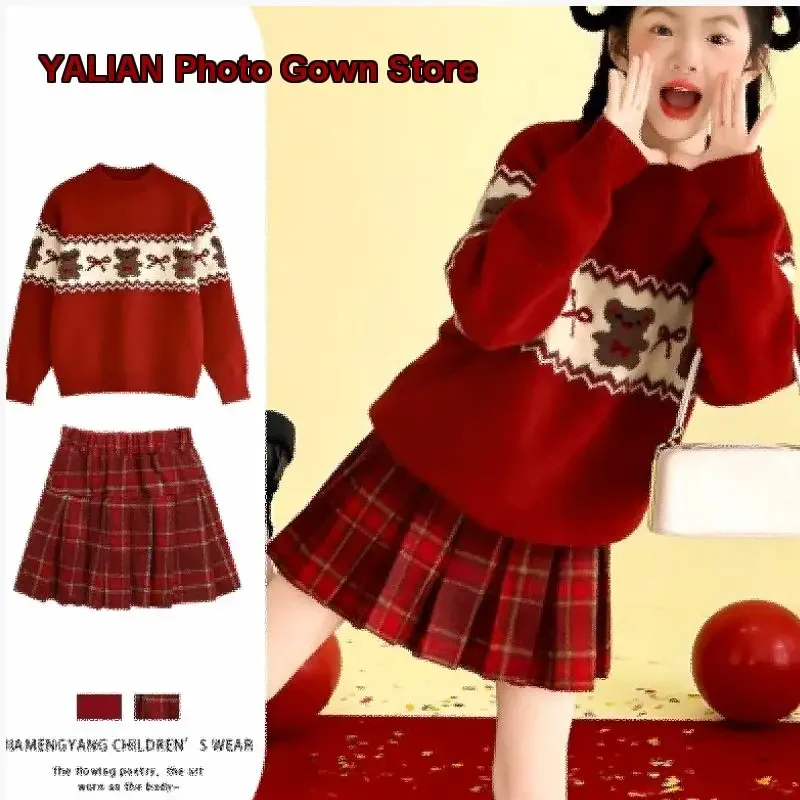 Girls Greeting Outfit Set Winter 2026 Chic Children Thickened Two-Piece Knit Set Trendy Kids