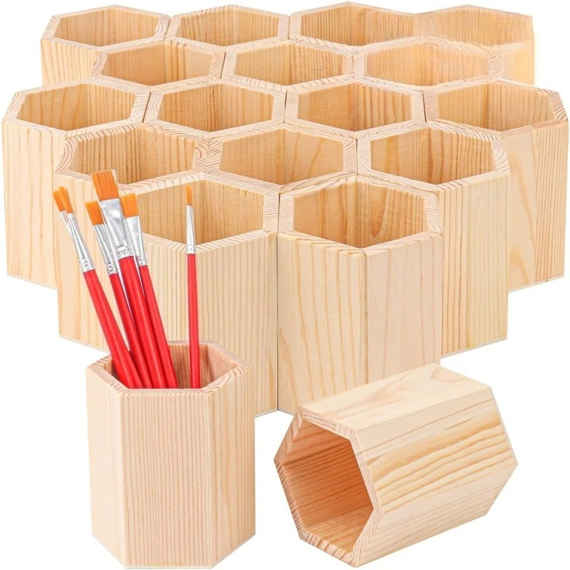9pc Hexagonal Wooden Storage Box Set Multifunctional Desktop Organizer Minimalist Pencil Case Storage Tube Office Ornament Decor
