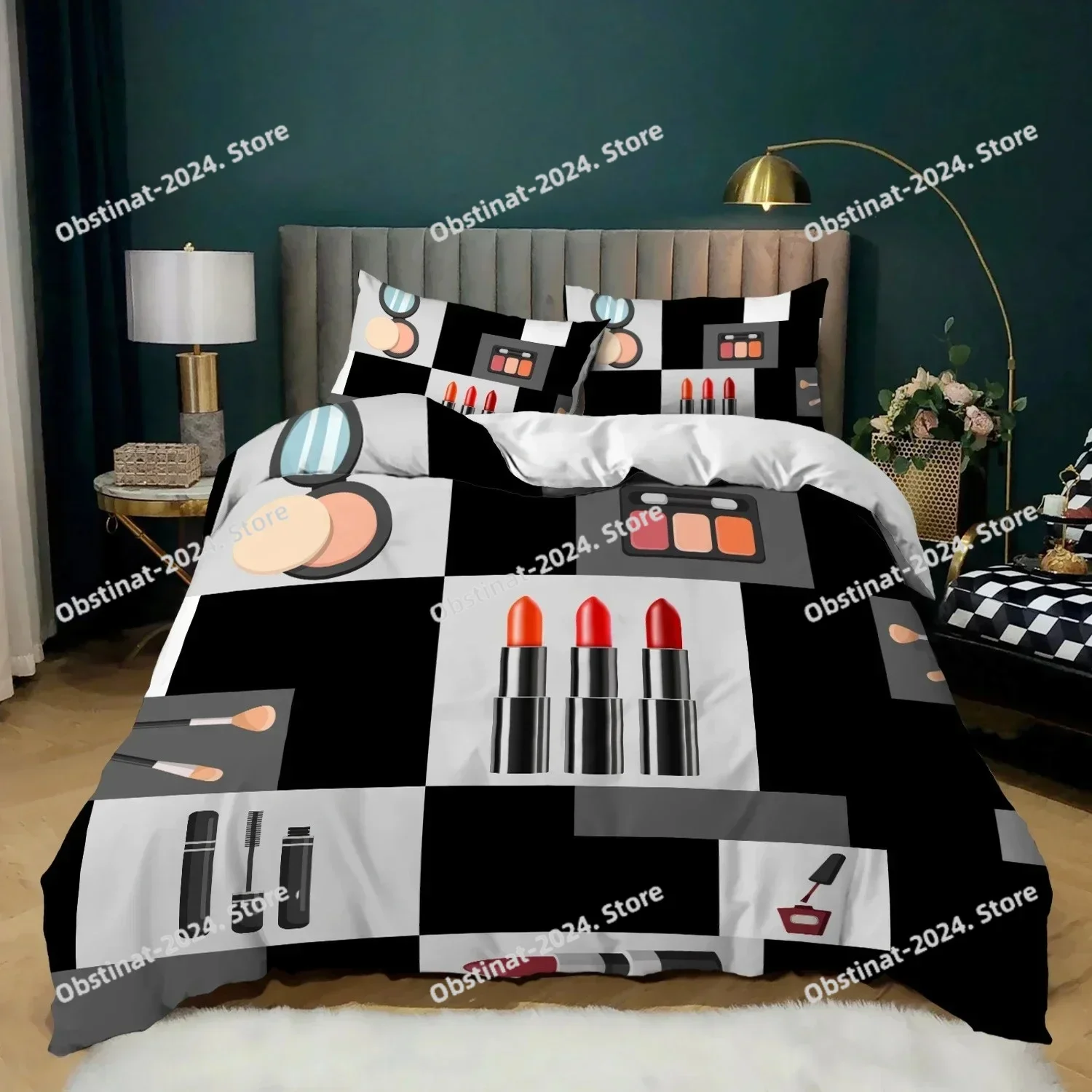 Conjunto de capa de edredão cosmética king size maquiagem tema conjunto cama batom rímel sombra de olho moderno macio microfibra consolador capa