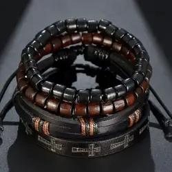 New Arrival 3/4Pcs/ Set Braided Leather Bracelet for Men Vintage Life Tree Guitar Wood Beads Fashion Male Bracelets Wristband