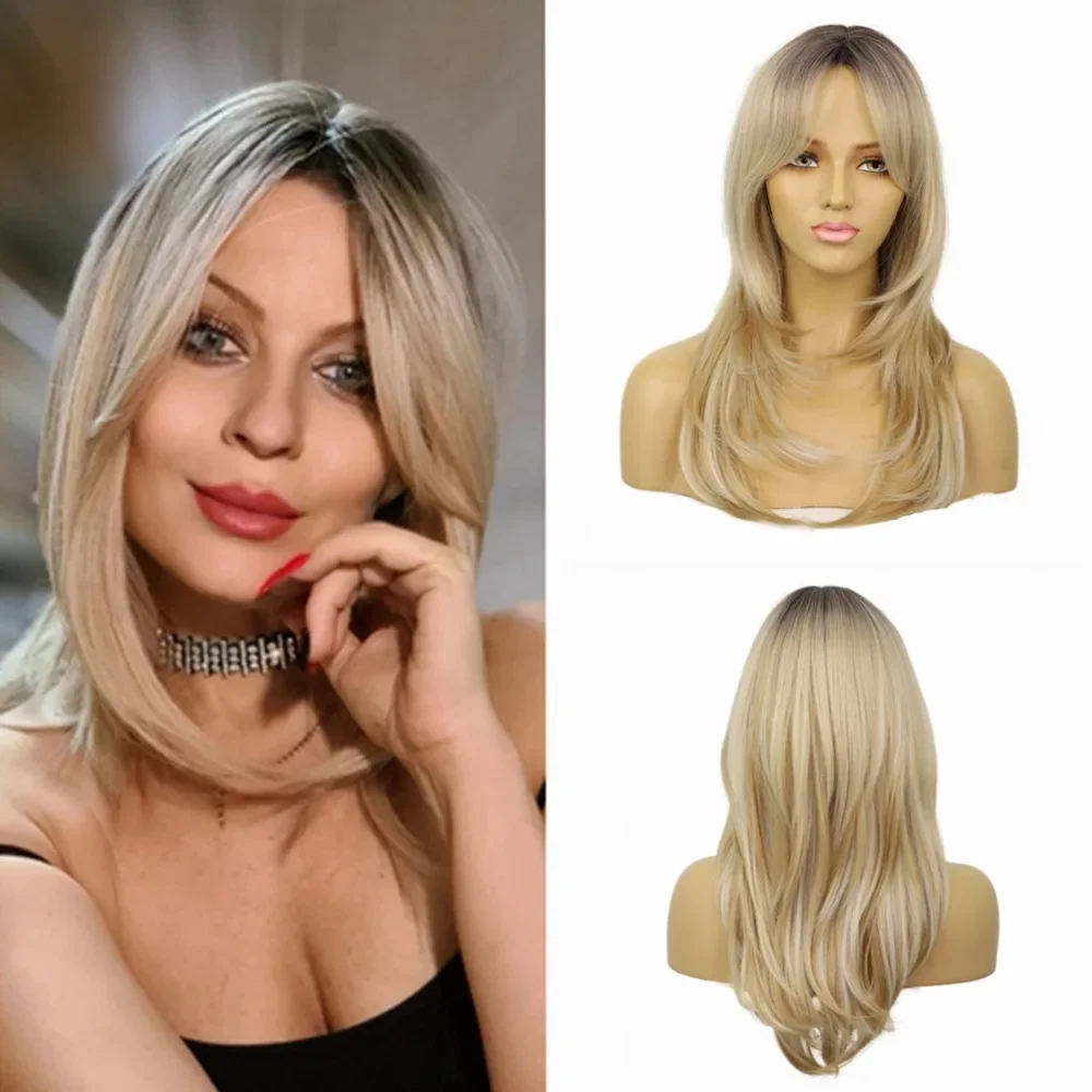 headgear eight-character bangs gradually change color long curly hair wig female chemical fiber high temperature silk headgear