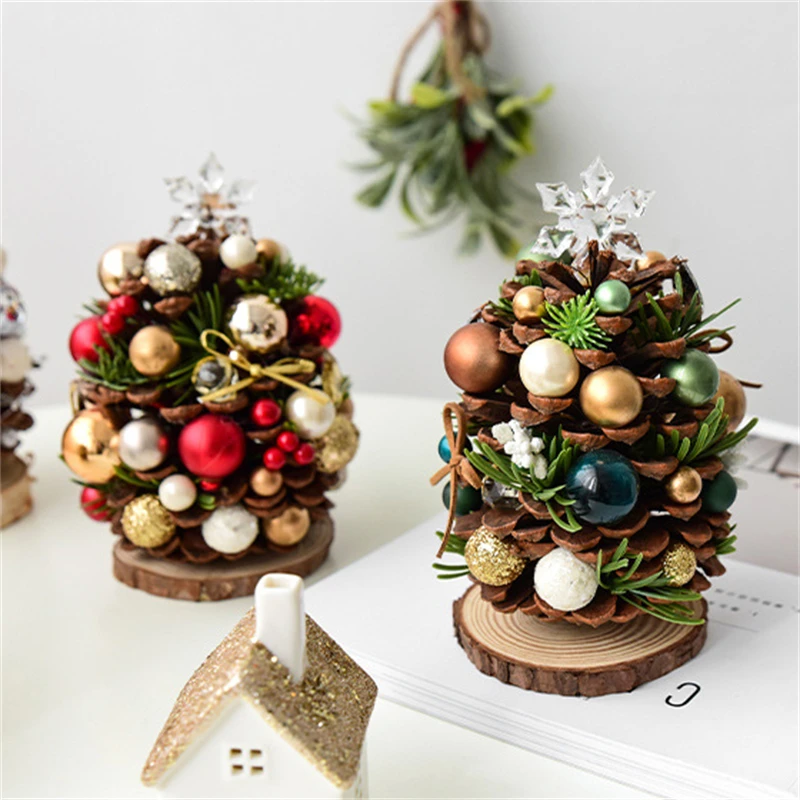 New Natural Pine Cone Mini Christmas Tree Desktop Small Ornaments Christmas Decoration Living Room Cartoon Wooden Bow Ornaments