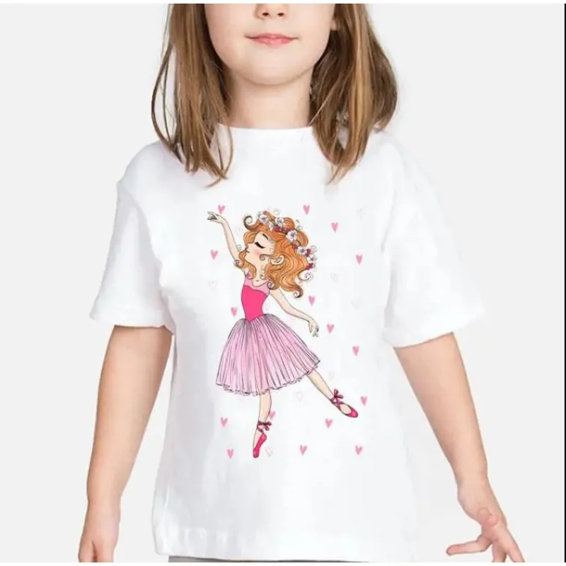 Girls Ballet Dancer Pink Love Print Tshirt Girls Kawaii Kids Clothes Birthday Gift Tops for Girls Harajuku Shir