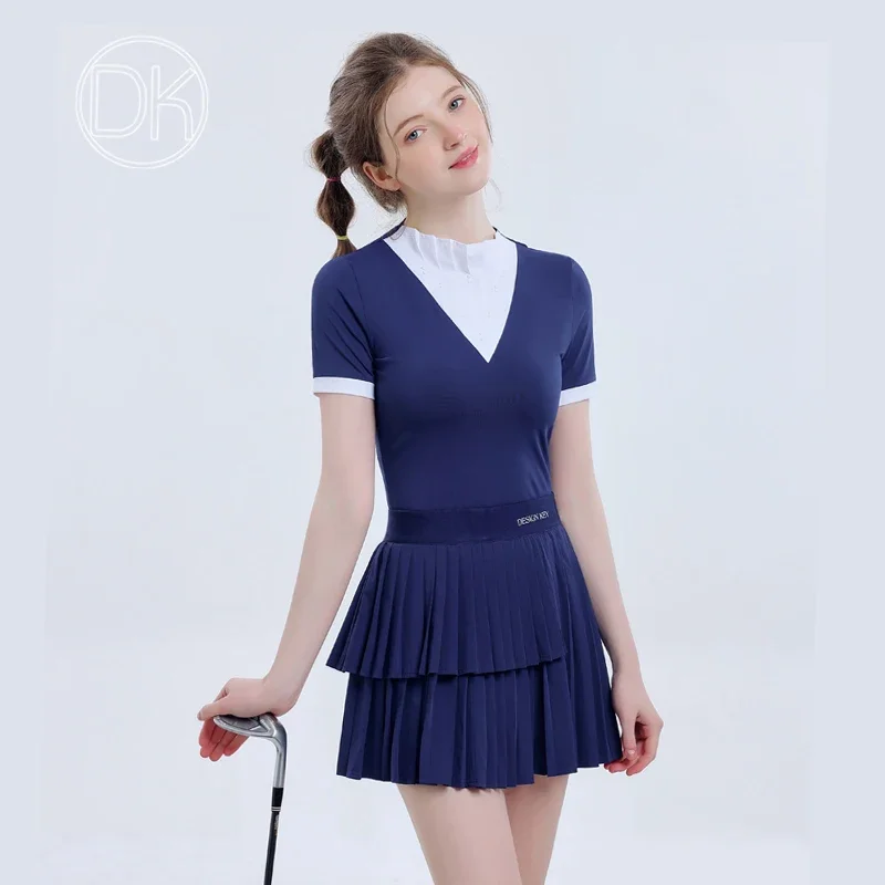 DK Golf Clothing Lady Suit Short Sleeve Summer Splicing Quick-dry T-shirt Cute V-neck Lace Collar Top Irregular Pleated Skort