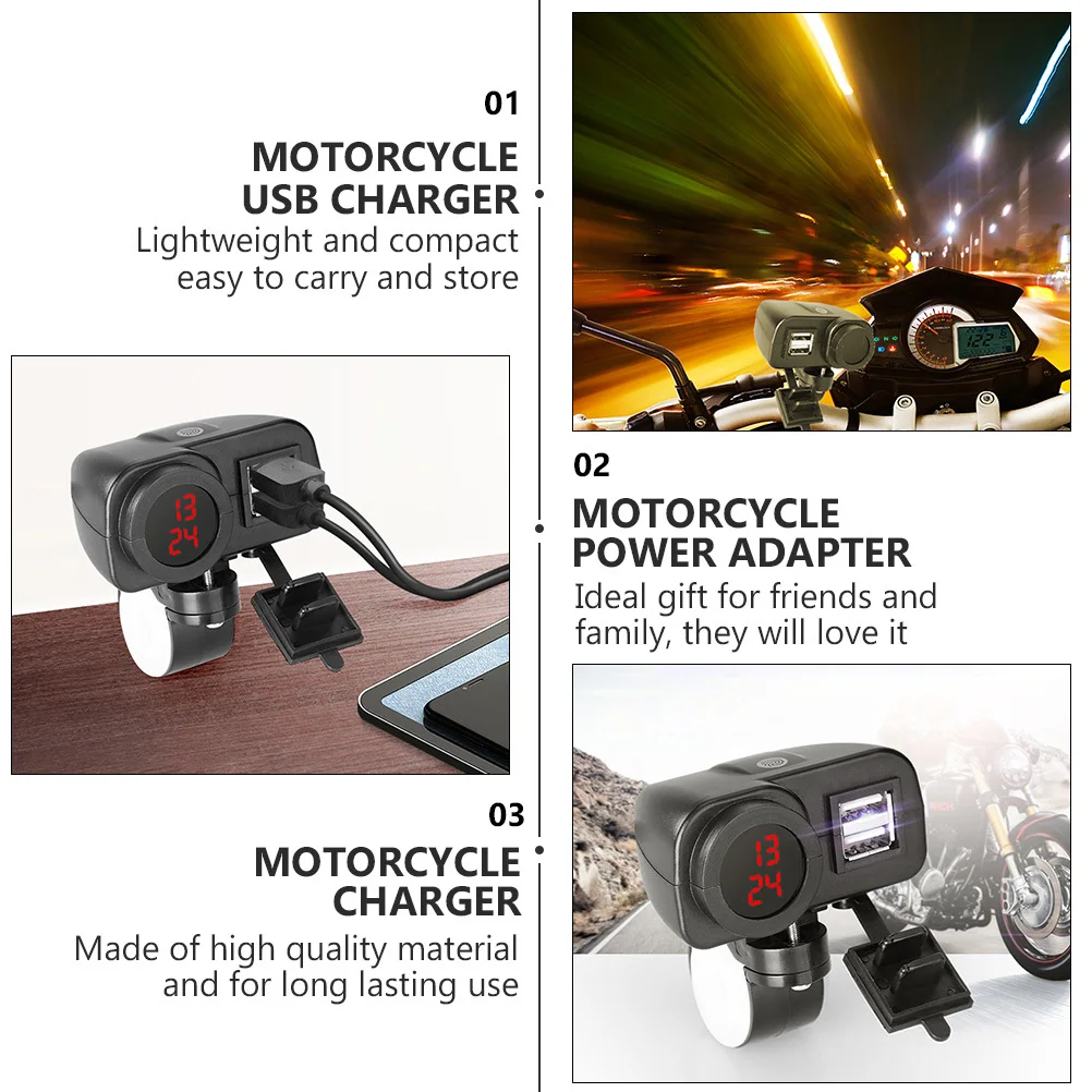 

1Pcs Motorcycle Phone 12V 24V Dual Ports Waterproof Fast Charging USB Power Adapter Time Display Motorbike USB