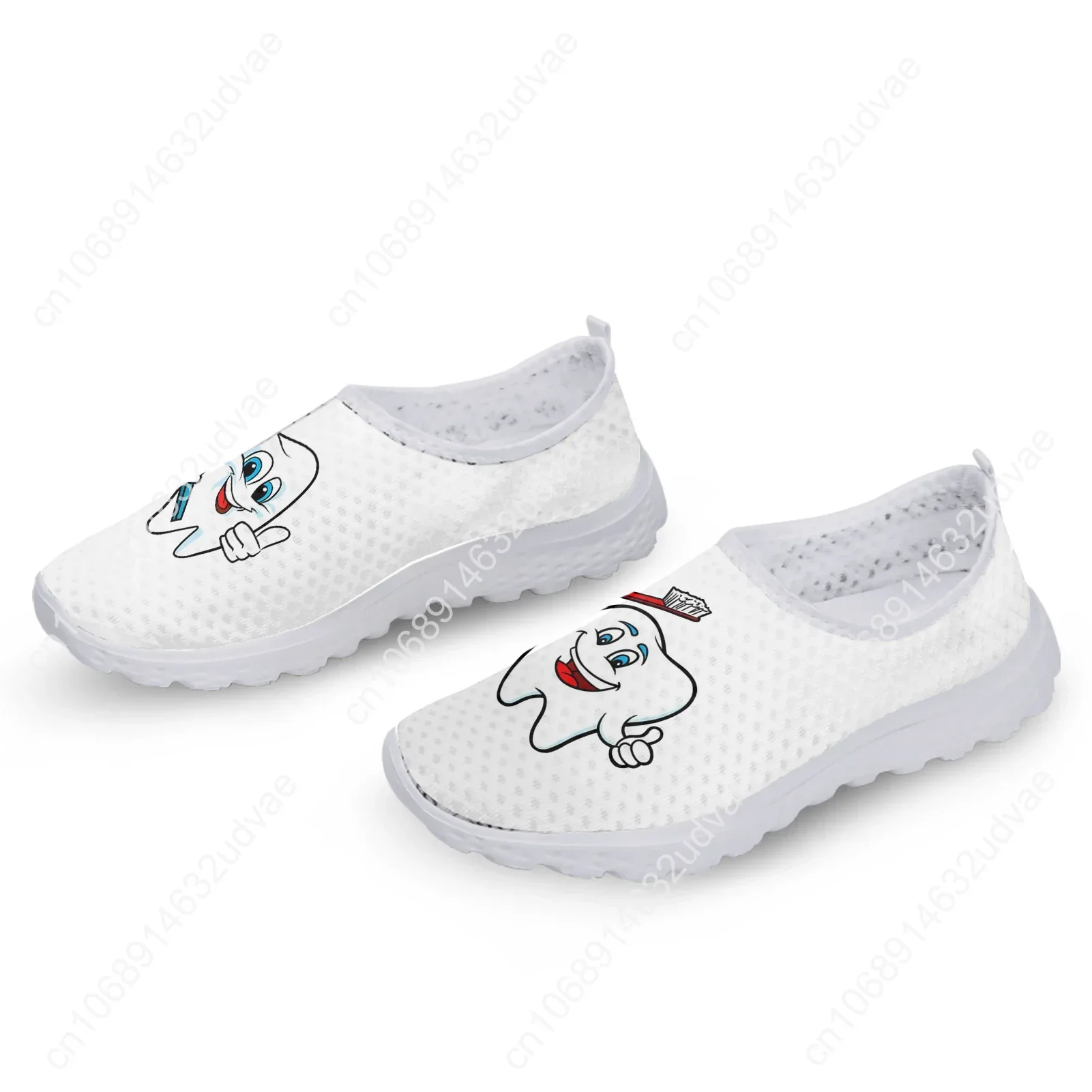 Cute Cartoon Tooth Pattern Women Slip On Sneakers Dentist Mesh Ladies Shoes Light Casual Summer Beach Water Loafers