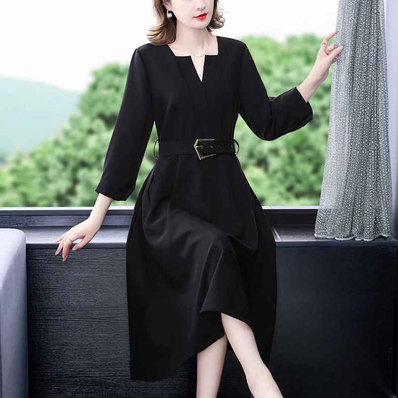 Robe mi-longue Hepburn noire pour femme, robe de bureau vintage, batterie élégante, monochromatique, décontracté, fête, éducatif, coréen, dame, printemps, automne, 2024