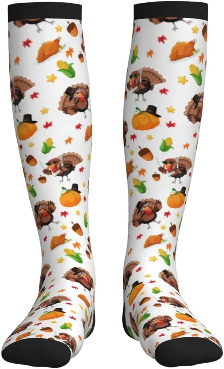 Kaus Kaki Kompresi Hari Thanksgiving Motif Labu dan Ayam, Kaus Kaki Penyangga Setinggi Lutut untuk Wanita Pria, untuk Lari, Olahraga, dan Mendaki