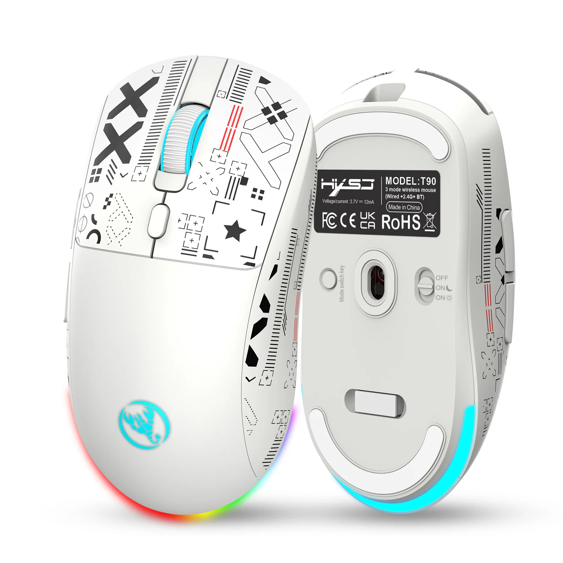 HXSJ T90 RGB Backlit Gaming Mouse Wired 2.4G Bluetooth Wireless New Model 650mAh Battery 500 Million Clicks up to 4000 DPI