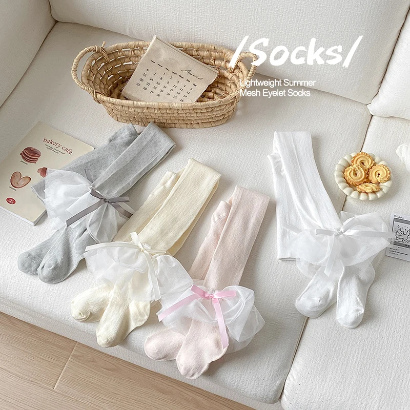 Tights Pantyhose Sheer - ถุงน่องสไตล์เจ้าหญิงสำหรับเด็กผู้หญิง พร้อมริบบิ้นผูกโบว์ยาวประณีต และขอบลูกไม้ขนาดใหญ่ เนื้อผ้านุ่ม ระบายอากาศได้ดี ยืดหยุ่นได้