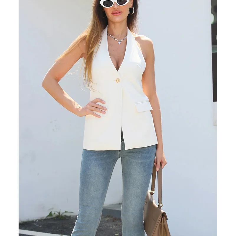 

Simple Versatile One-Button V-Ne Svel Tank Top Women's Summer Design Commute Sle Pure Color Polyester Fiber 00%