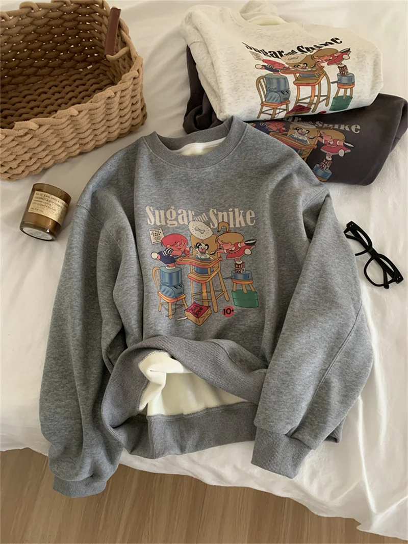 

Корейский стильный свитшот с круглым вырезом и флисовой подкладкой, женский, осенне-зимний, свободного кроя, универсальный, с принтом, модный, в уличном стиле