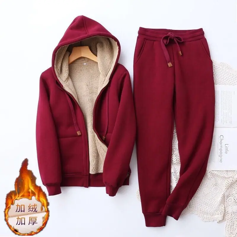 New Sports Suit 2-piece Zipper Simple Sweater Women's Autumn and Winter Korean Version Plush Thickened Long Sleeve Hooded Coat