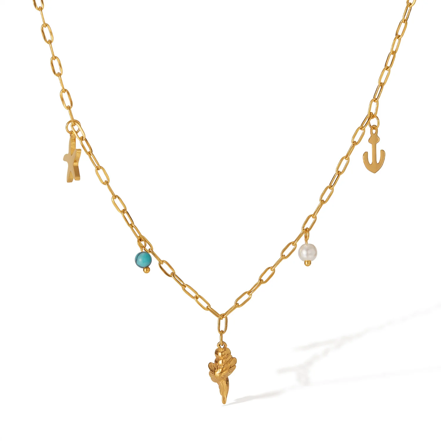 

INS Ocean Style Necklace for Women – Stainless Steel Pearl Starfish Shell Anchor Pendant Clavicle Chain