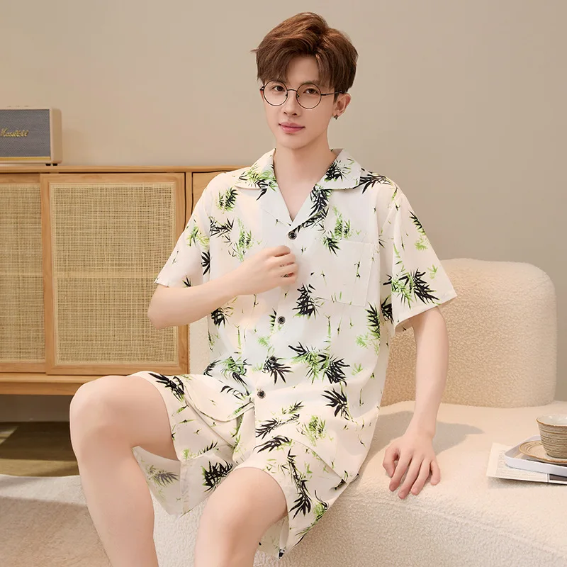 

5XL Plus Size Summer Ice Silk Sleepwear Men Korean Youth Print Pajamas Set Cardigan Short-sleeved Shorts Loungewear Home Clothes